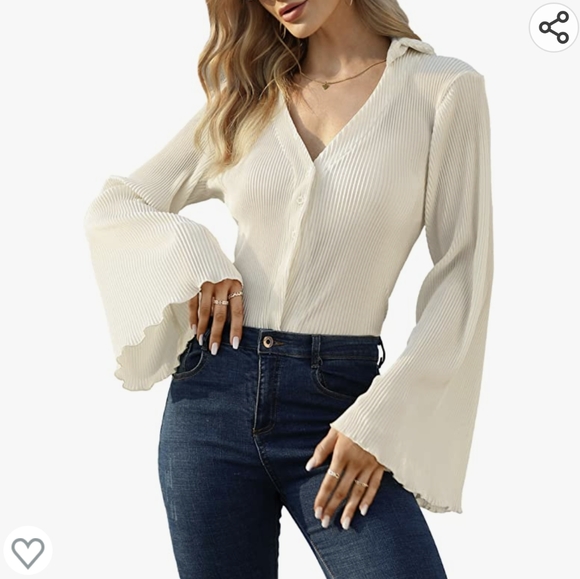kojooin Tops - V Neck Long Bell Sleeve Collared Button Down Crop Top